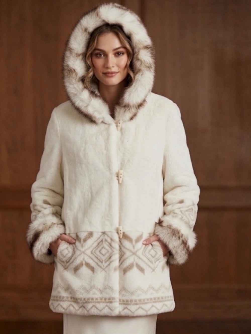 Hannah by Mar Lo White Faux Fur Hooded Coat Size L Seals Eskimo Satin Lined Slit